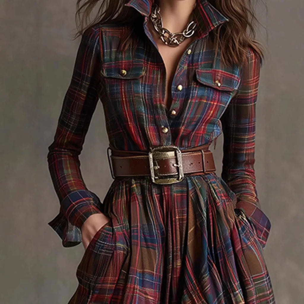 Plaid A-Line Ankle-Length Dress with Buttons