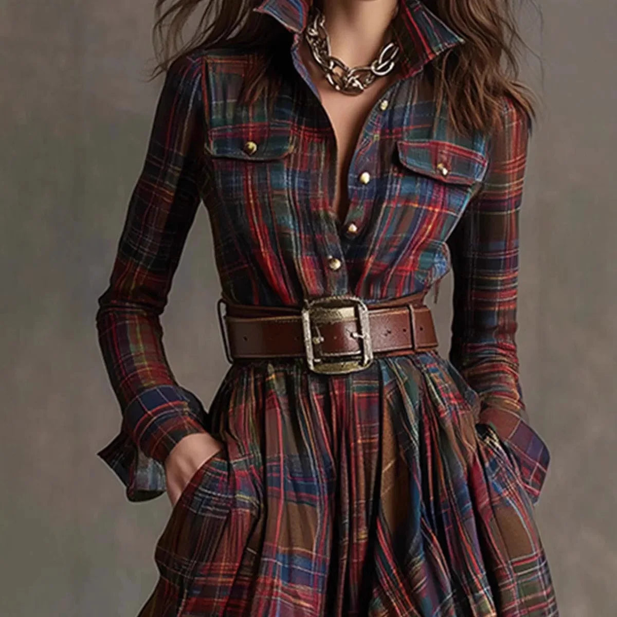Plaid A-Line Ankle-Length Dress with Buttons