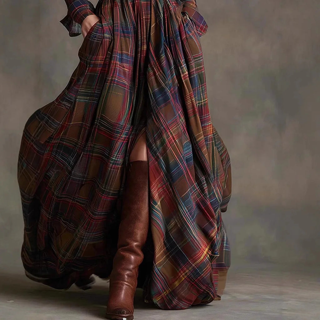 Plaid A-Line Ankle-Length Dress with Buttons