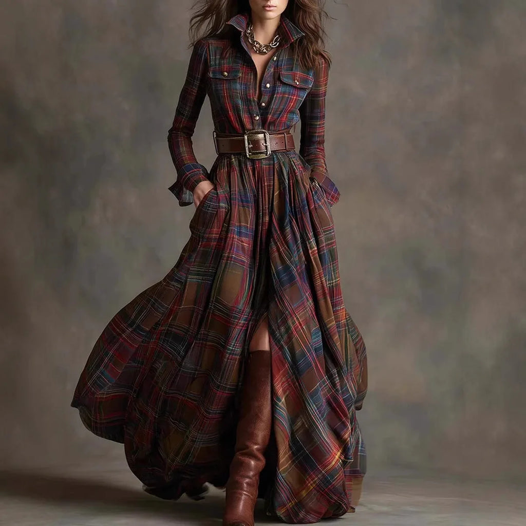 Plaid A-Line Ankle-Length Dress with Buttons