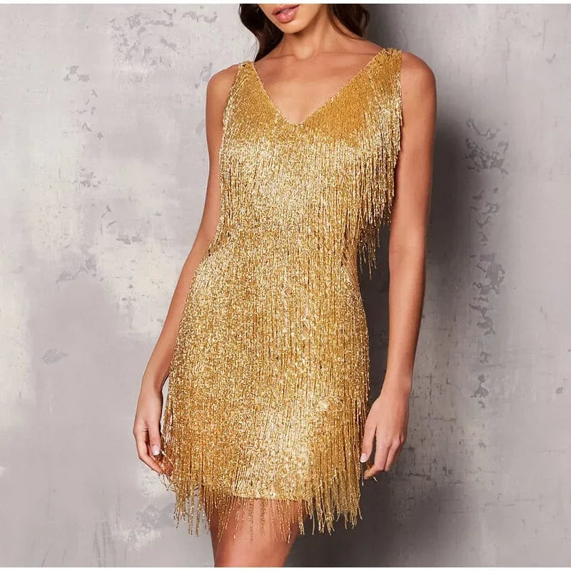 Sequin V-Neck A-Line Mini Dress